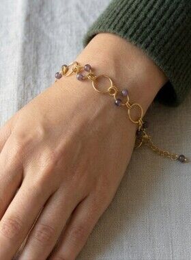 Handmade Gold Tone Chain and Purple Glass Bead Bracelet